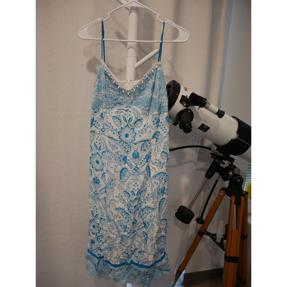 Ann Taylor LOFT Silk Blue White Paisley Midi Dress Size 12 Beaded Trim